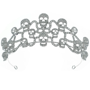 Silver gothic skull tiara with clear rhinestones for Halloween costume and party