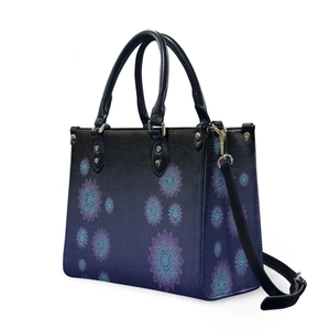 Aztec mandala print faux leather handbag with adjustable strap and top handles