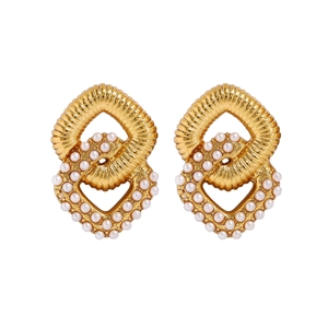 Elegant gold intertwining hoop earrings with white pearls and spiral texture detail