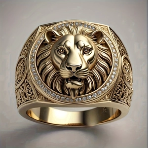 Anello da uomo con testa di leone placcato oro 18K con pavé di zirconi scintillanti