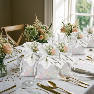 Close-up of white satin drawstring gift bag with floral decoration and personalized tag