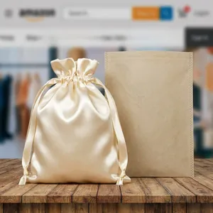 Comparison between glossy champagne satin drawstring pouch and matte non-woven fabric bag
