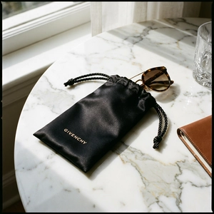 Luxurious black satin drawstring pouch with gold lettering and stylish sunglasses