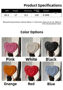 Detail specifications of PU leather heart-shaped crossbody bag with size and color options