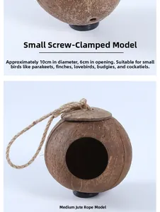 Macro detail of natural coconut shell bird nest showing screw mount and hanging rope options