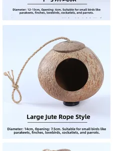 Detail view of coconut shell bird nest with hanging rope and size specifications