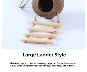 Natural coconut shell bird nest with wooden ladder for parrots and small birds