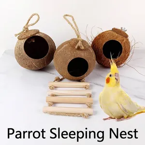 Natural Coconut Shell Bird Nest With Wooden Ladder For Parrots Budgies Lovebirds Hanging Bird House Pet Habitat Hideout Bed