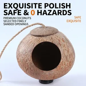 Natural coconut shell bird nest house with hanging hemp rope and smooth entrance hole