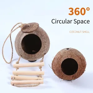 Natural coconut shell bird nest and hamster hideout with handmade rope climbing ladder
