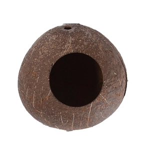 Natural coconut shell bird nest for small parrots with a round opening and hanging hole