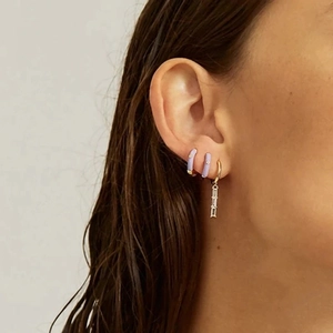 Colorful round huggie hoop earrings with purple enamel and zircon crystal charms for women