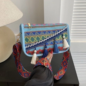 Women Ethnic Bohemian Woven Crossbody Bag Nylon Fabric With Tassels Wide Jacquard Adjustable Strap Casual Travel Shoulder Bag