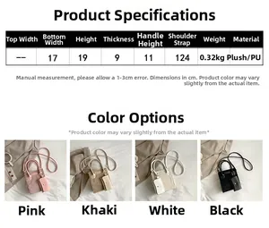 Detailed size chart and dimensions for the plush mini crossbody bag in four colors