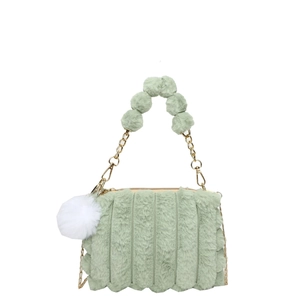 Pale green plush faux fur handbag with quilted stripes and gold metal chain strap