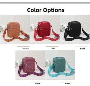 Five assorted colors of quilted nylon crossbody bags with multi-zipper compartments