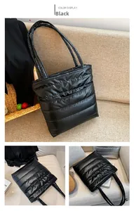 Macro detail of black quilted puffer tote bag with glossy finish and parallel stitching