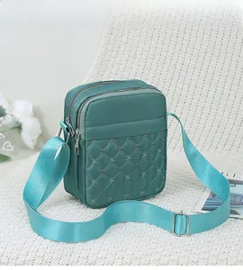 Detail of turquoise quilted nylon crossbody bag with double zippers and starry stitching