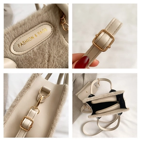 Detailed views of the beige faux fur tote bag with golden hardware and interior zip pocket