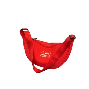 Minimalist red crescent moon nylon shoulder bag with adjustable strap and logo