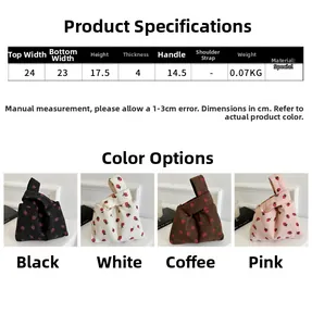 Detailed dimension guide for corduroy strawberry tote showing size specs and colors