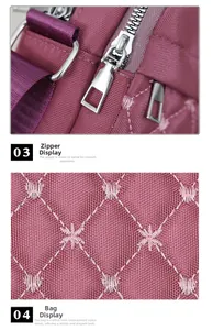 Close-up of diamond quilted nylon fabric with star embroidery and metal zipper detail