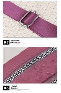 Detailed macro view of adjustable nylon strap buckle and metallic zipper on purple bag
