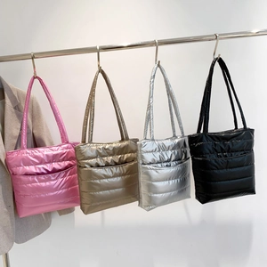 Metallic Quilted Puffer Tote Bag For Women Glossy Large Capacity Shoulder Bag With Horizontal Stitching Fashion Handbag