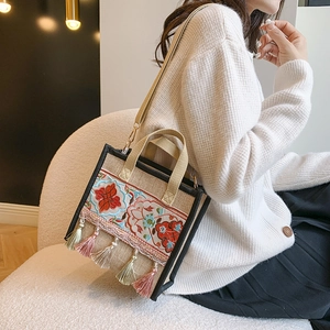 Ethnic embroidery tote bag with floral patterns and colorful tassels for women