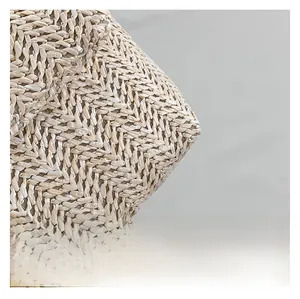 Close-up of beige woven tote bag showing detailed herringbone weave texture and material