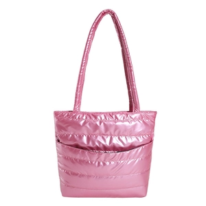 Metallic pink quilted tote bag with double handles and front pocket for winter daily use