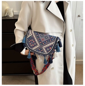 Close-up of Bohemian crossbody bag with colorful geometric patterns and tassel details