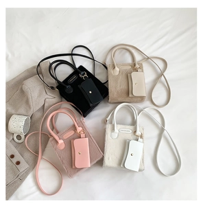 Flat lay of plush quilted handbags in four colors with matching coin purses on white fabric