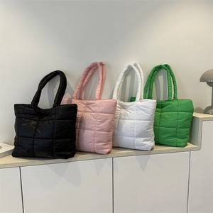 Fashion Women Quilted Puffer Tote Bag Large Capacity Oxford Cloth Stitching Shoulder Bag Casual Solid Color Handbag