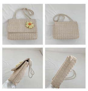 Detailed four-angle view of beige woven tote bag with 3D plaid flower and thin straw straps