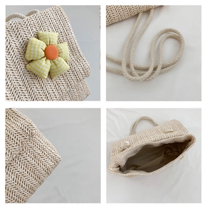 Detail shots of handmade straw tote bag with woven straps and floral fabric decoration