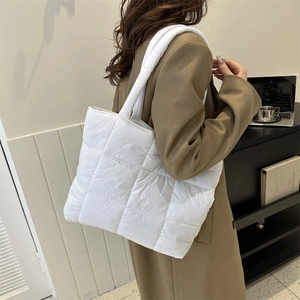 Chic white quilted down tote bag with large capacity for women's autumn winter fashion