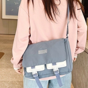 Grey-blue large capacity canvas messenger bag with double straps for daily commute