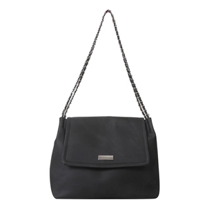 Fashionable black faux leather shoulder bag with elegant silver chain strap and metal detail