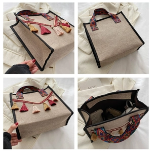 Sac seau ethnique en lin avec des glands colorés et des broderies sur les poignées