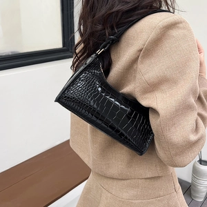 Chic black crocodile embossed faux leather shoulder bag for women with wide strap