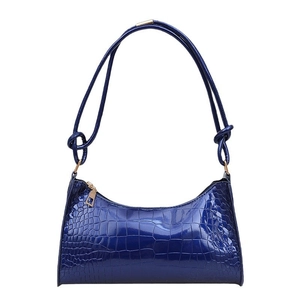 Navy blue crocodile pattern leather shoulder bag with glossy finish and knotted strap