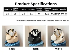 Detailed size chart for large canvas tote bag with material specs and color options