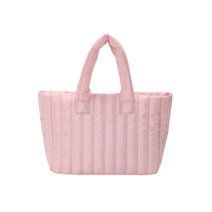 Quilted light pink puffer tote bag with vertical stitching and wide padded handles