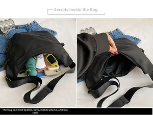 Détail du grand sac bandoulière en nylon noir montrant l'intérieur spacieux et les accessoires