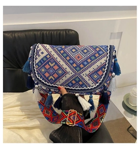 Detail of colorful woven ethnic pattern on a crossbody bag with multi-color fringe accents
