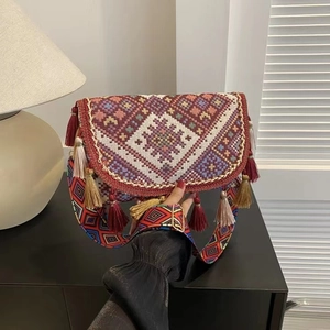 Vintage Ethnic Embroidered Crossbody Bag For Women Bohemian Geometric Pattern Tassel Shoulder Bag With Wide Strap