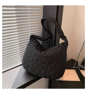 Detailed close-up of black quilted floral tote bag showing high-quality nylon fabric texture