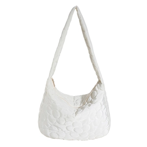 White quilted puffer tote bag with 3D floral pattern and zip closure for women