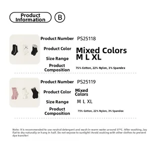Size chart showing mixed color cotton bow socks in black white and pink for girls